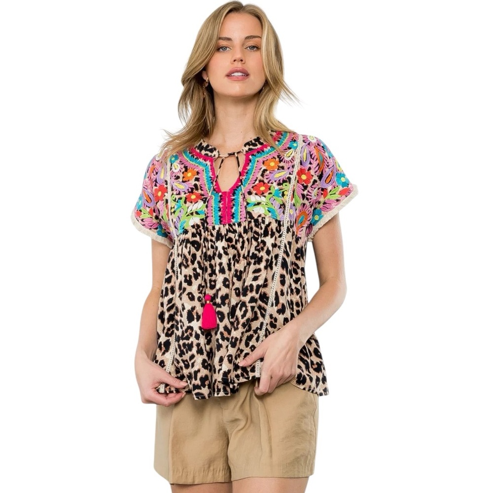 THML Multicolor Embroidered Leopard Print Top